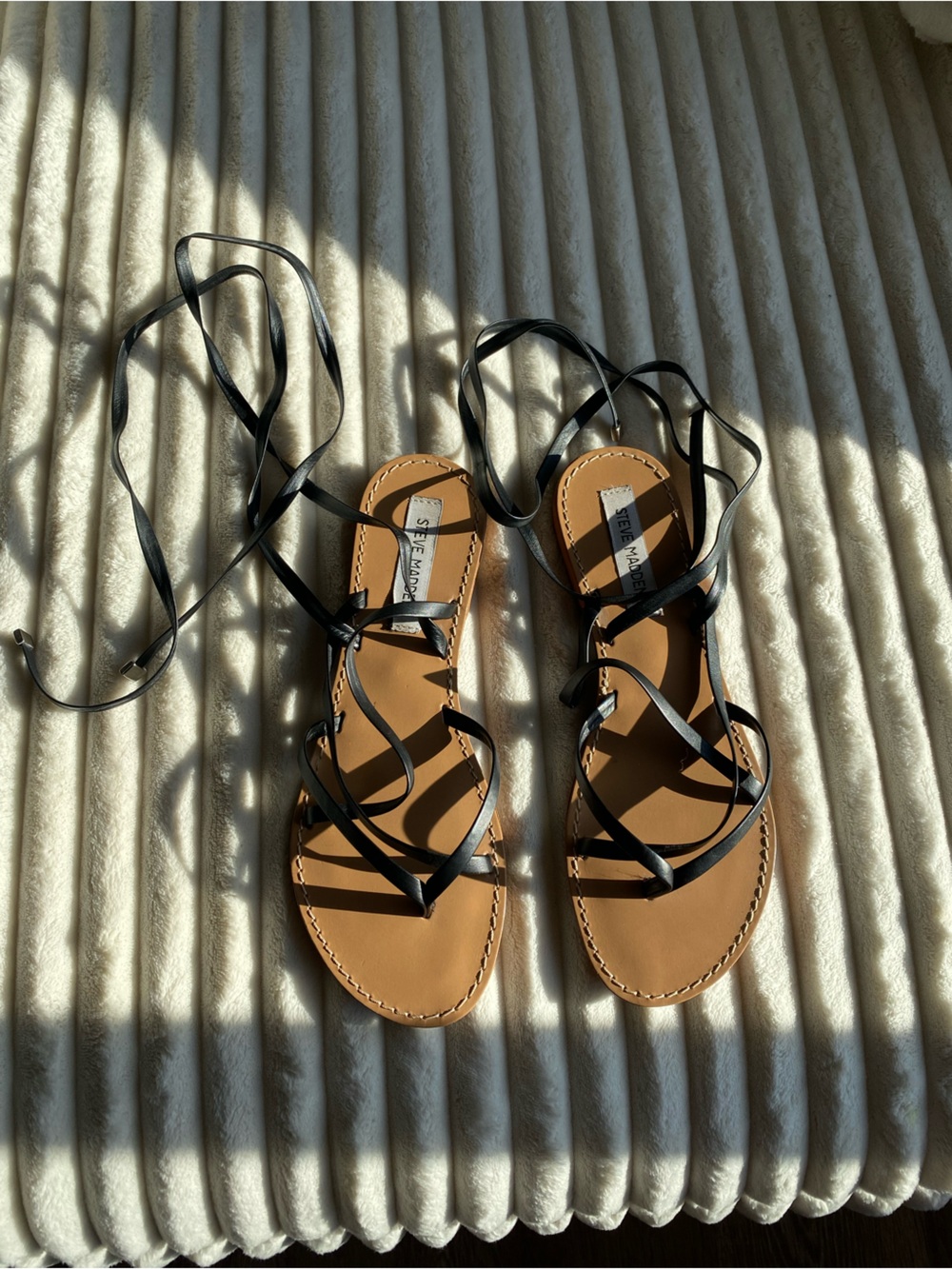 Steve Madden Black Strappy Lace-Up Sandals with Tan Footbed Worn once or twice